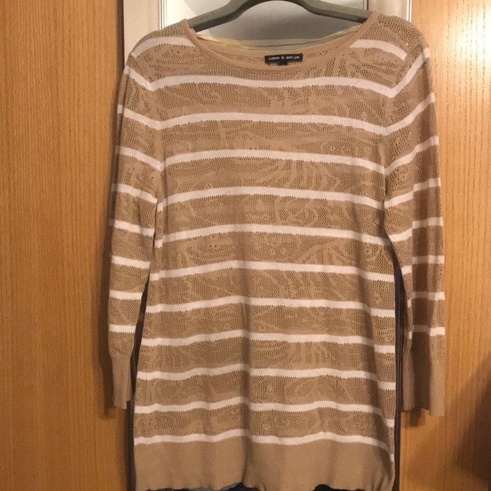 Tan and white striped, long sleeve open knit sweater Cable & Gauge XL